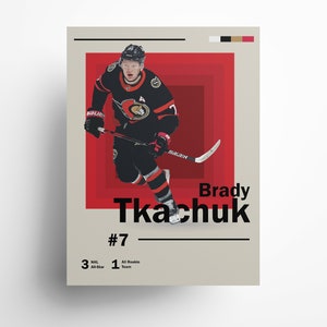 May include: A red and black hockey poster featuring Brady Tkachuk, a player for the Ottawa Senators. The poster has a red background with a white border and features the player's name and number in black text. The poster also includes the player's statistics, including 3 NHL All-Star appearances and 1 All-Rookie Team selection.