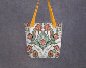 Art Nouveau Watercolor Canvas Tote Bag with Red Tulips
