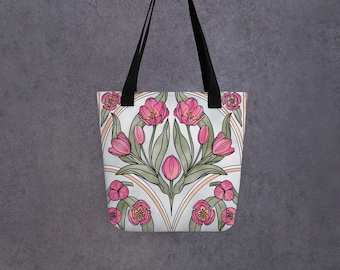 Art Nouveau Watercolor Canvas Tote Bag with Fuschia Tulips