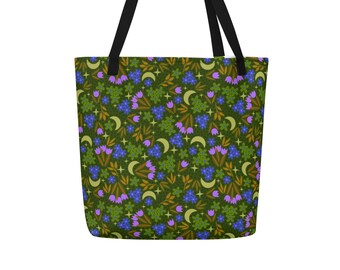 Grote Witchy Floral Canvas Beach Tote met zak in Fairy Garden