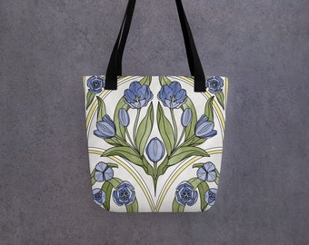 Art Nouveau Watercolor Canvas Tote Bag with Violet Blue Tulips