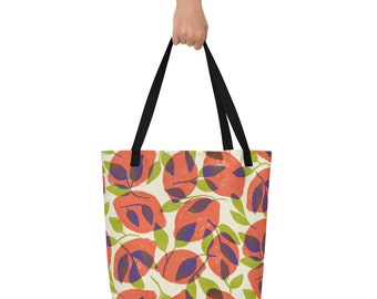 Large Fresh & Fruity Canvas Beach Tote with Inner Pocket in Coral Limeade