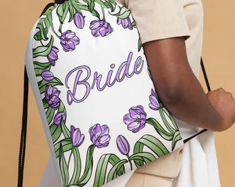 Watercolor Tulip ‘Bride’ Drawstring Bag for Wedding/Shower/Bachelorette Party Favors