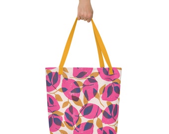 Large Fresh & Fruity Canvas Beach Tote with Inner Pocket in Pink Lemonade