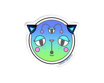 Blue and Neon Green Gradient Ombré Space Alien Kitty Premium Waterproof Vinyl Die-cut Cat Sticker
