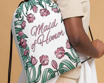 Watercolor Tulip ‘Maid of Honor’ Drawstring Bag for Wedding/Shower/Bachelorette Party Favors