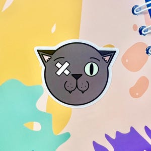 Grey Green-Eyed Kitty with One Eye Premium Waterproof Vinyl Die-cut Cat Sticker