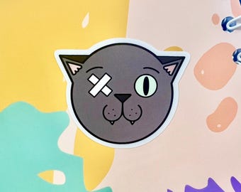 Grey Green-Eyed Kitty with One Eye Premium Waterproof Vinyl Die-cut Cat Sticker