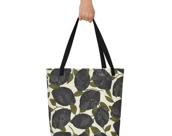 Large Fresh & Fruity Canvas Beach Tote with Inner Pocket in Garden Goth