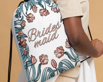 Watercolor Tulip ‘Bridesmaid’ Drawstring Bag for Wedding/Shower/Bachelorette Party Favors
