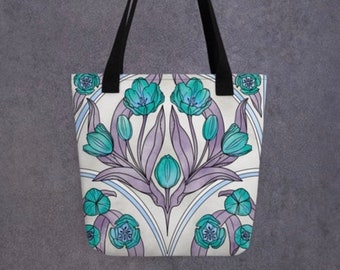 Art Nouveau Watercolor Canvas Tote Bag with Photo Negative Teal Tulips
