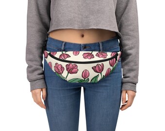 Pink Watercolor Tulip Belt Bag with Hidden Pocket