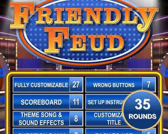 Puede incluir: Una tarjeta de título de programa de juegos azul y amarilla que dice "FRIENDLY FEUD". La tarjeta está rodeada de focos. Debajo de la tarjeta de título hay un marcador con las siguientes categorías: Totalmente personalizable, Marcador, Canción temática y efectos de sonido, Banco de preguntas, Botones incorrectos, Instrucciones de configuración, Personalizar título, Fácil de usar. El marcador muestra el número de características para cada categoría. El marcador también muestra que el juego tiene 35 rondas.