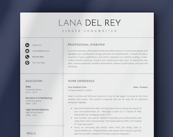 May include: A white resume template featuring the name Lana Del Rey and the title Singer-Songwriter at the top. The document includes sections for professional overview, education, work experience, and skills with placeholder text throughout.