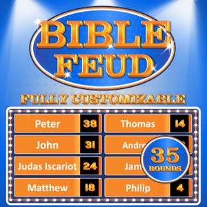 May include: A game show-style scoreboard with the title "Bible Feud" in a yellow oval. The scoreboard has orange and blue panels with names and scores for players like Peter, John, Judas Iscariot, Matthew, Thomas, Andre, Jam, and Philip. The scoreboard also shows "35 Rounds".