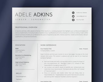 May include: A white resume template featuring the name Adele Adkins, Singer-Songwriter, with sections for Professional Overview, Education, Work Experience, and Skills. The layout includes placeholders for contact details and bulleted lists.