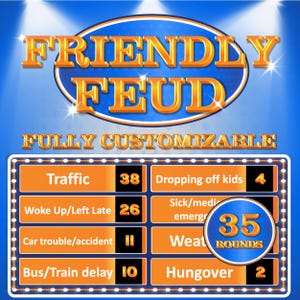 May include: A digital game board with the text "FRIENDLY FEUD" in gold lettering. The board features categories like "Traffic" and "Dropping off kids," with corresponding point values. The words "FULLY CUSTOMIZABLE" are also displayed.