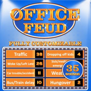 Peut inclure: Un jeu de société numérique avec le titre "OFFICE FEUD" en lettres dorées. Le tableau de jeu comprend des catégories telles que "Traffic" et "Woke Up/Left Late" avec des valeurs de points correspondantes. Le texte "FULLY CUSTOMIZABLE" est également affiché.