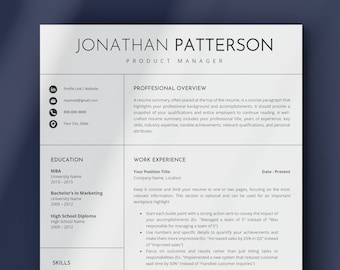 May include: A white resume template featuring the name Jonathan Patterson, Product Manager, with sections for professional overview, education, and work experience. The layout includes contact icons and placeholder text in black font.