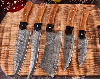 Hand Forged Damascus Chef set , Damascus full tang Knife Set , Gift for him, gift for husband,BBQ knife set, Anniversary gift USA knives