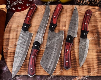 Hand Forged Damascus Chef Set, Handmade Kitchen knife, Damascus Chef knives, Cooking knife, Kitchen knives, Anniversary & Birthday gift USA