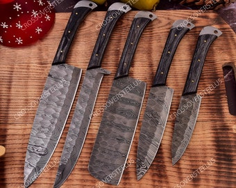 Custom Handmade Damascus Chef set, Damascus Full tang knife set , gift for him , gift for husband, BBQ knife set, Camping gift, USA knives