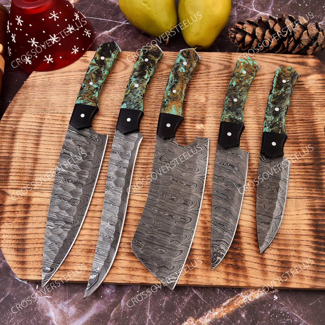 Hand Damascus Chef Set, Handmade Kitchen Knife, Damascus Chef