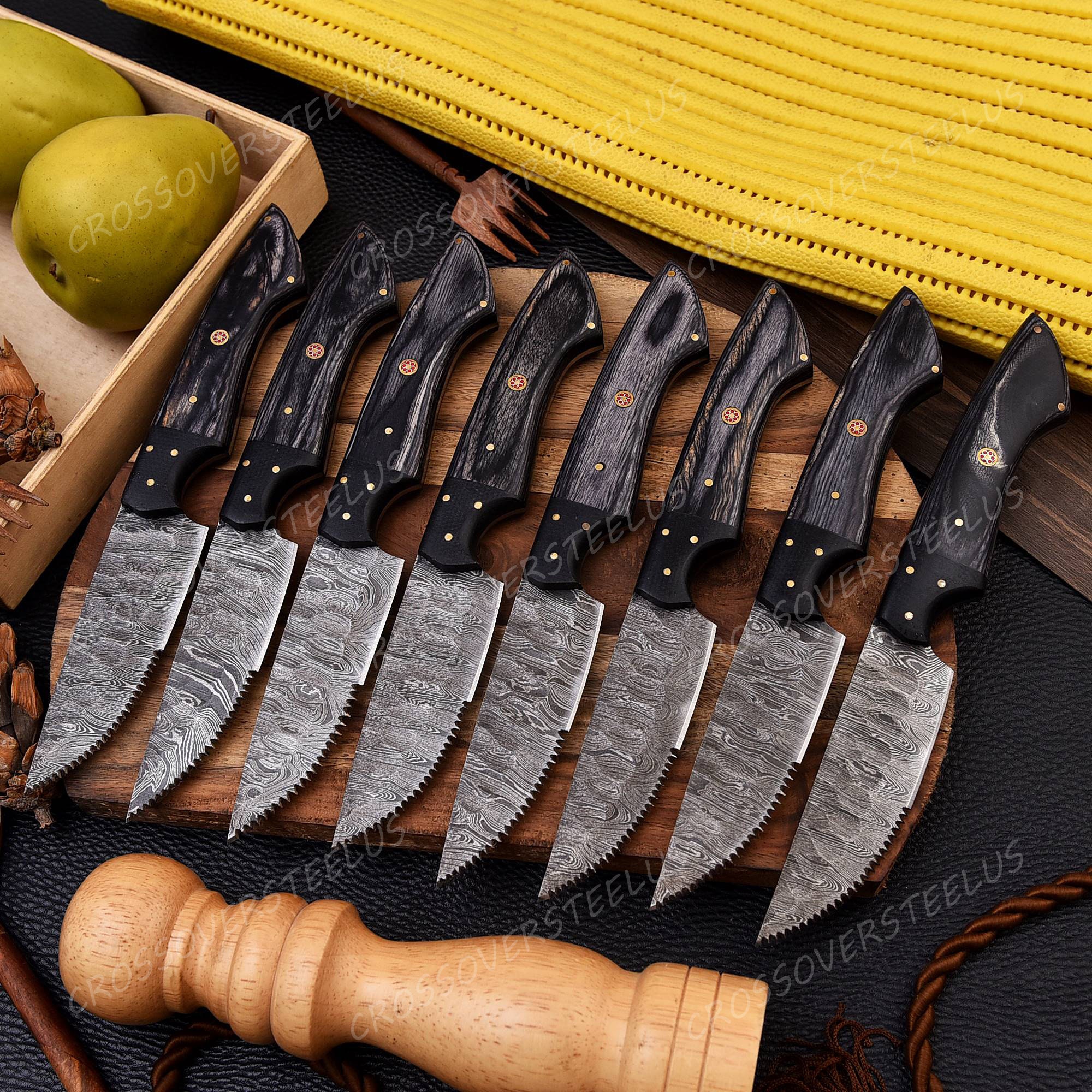 Wildrose - Damascus 4 Piece Steak Knife Set & Leather Roll – Forged Blade