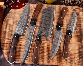 Hand Forged Damascus Chef Set, Handmade Kitchen knife, Damascus Chef knives, Cooking knife, Kitchen knives, Anniversary & Birthday gift USA