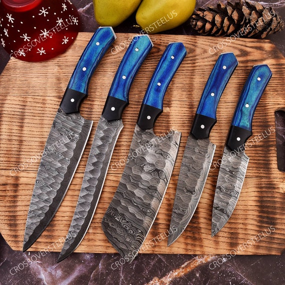 Handmade Damascus Steel Chef Set, Chef Set of 5 Pcs, Hand Forged Knives,  Anniversary Gift, Birthday Gift, Kitchen Knife Set, Gift for Him 