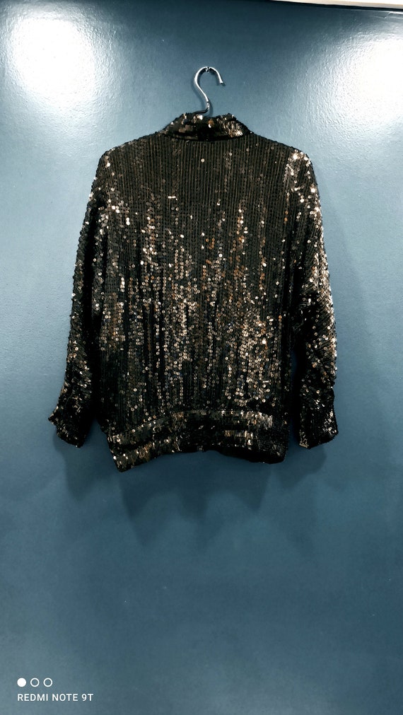 Black sequined silk bomber jacket. - image 2