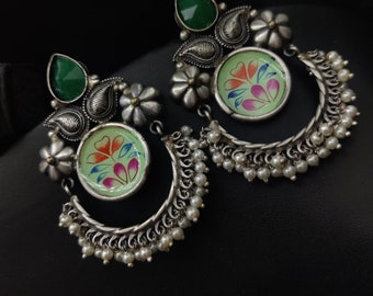 Green Handmade Silver Painting Work Oxidized Dangler Earrings Indian Traditional Earrings Trendy Earrings ,Hand Painted Earrings for Women