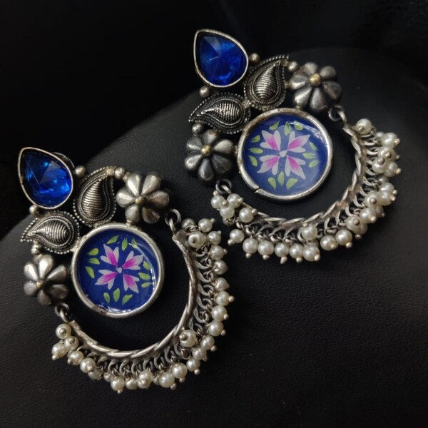 Hand Painted Silver Oxidized Blue Chand Bali Earrings for Her, Gift for Her, Handmade Women Hanging Jhumka Gungroo Earrings For women