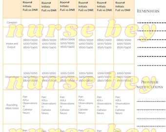 May include: A black and white chart with the words "Room# Initials Full vs DNR" at the top of each column. The chart is divided into sections for "Careplan", "Intake and Output", "Observations", "Rounding", "Assessment", and "Education". Each section has a time range and a list of tasks to be completed. The chart is designed to be used by nurses to track patient care.