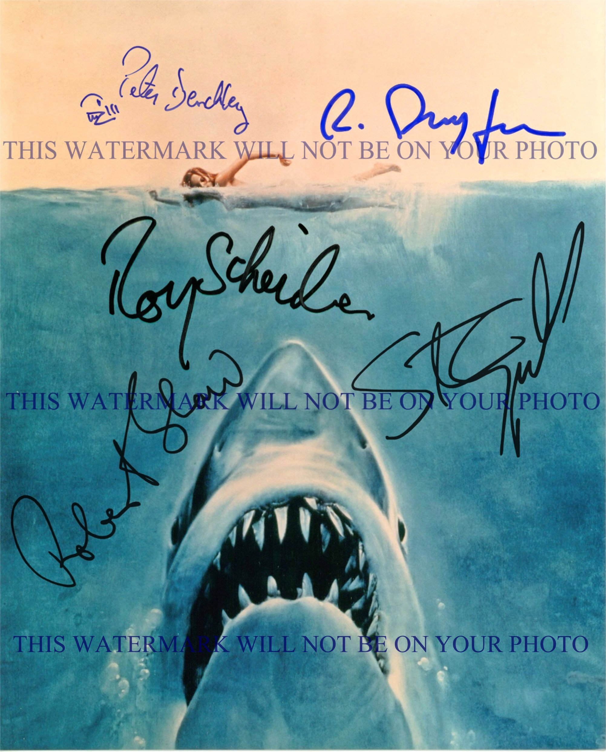 JAWS Movie Cast Robert Shaw Roy Scheider Peter Benchley Dreyfuss and Spielberg signed autograph autographed 8x10 repnt photo