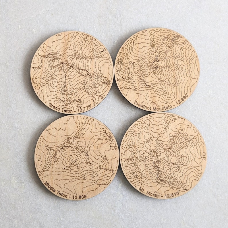 Wyoming Mountains Houten Coasters Grand Tetons Grand Teton National Park Topografie Coasters Topo Map Coaster Set van 4 afbeelding 2