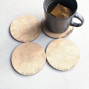 Alaska Mountains - Wooden Coasters - Denali - Alaska Topo Mountains - Topography Coasters - Gift for Mountain Lover - Coaster Set of 4