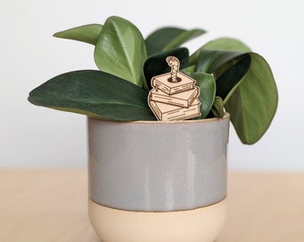Bookworm Plant Stake: Engraved Birch Wood Indoor Plant Accessory