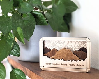 Washington Laser Cut Artwork - Pacific Northwest Mountains - Dimensional Art - Mount Baker - Rainier - St. Helens - Glacier Peak - Adams