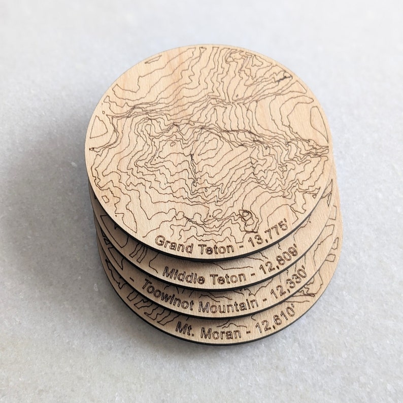 Wyoming Mountains Wooden Coasters Grand Tetons Grand Teton National Park Topography Coasters Topo Map Coaster Set of 4 image 3