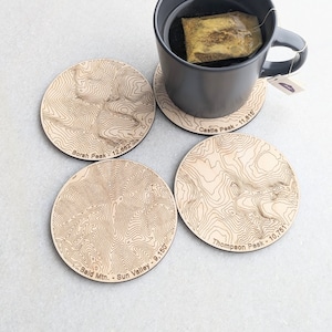 Idaho Mountains Wooden Coasters - Idaho State Map Coasters - Topographic Coasters - Gift for Mountain Lover - Coaster Set of 4 -
