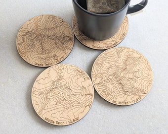 Wyoming Mountains - Wooden Coasters - Grand Tetons - Grand Teton National Park - Topography Coasters - Topo Map Coaster Set of 4