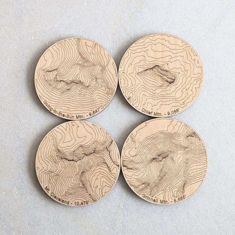 Glacier National Park - Montana Mountains - Wooden Coasters - Going to the Sun Road - Topography Coasters - Topo Map Coaster Set of 4