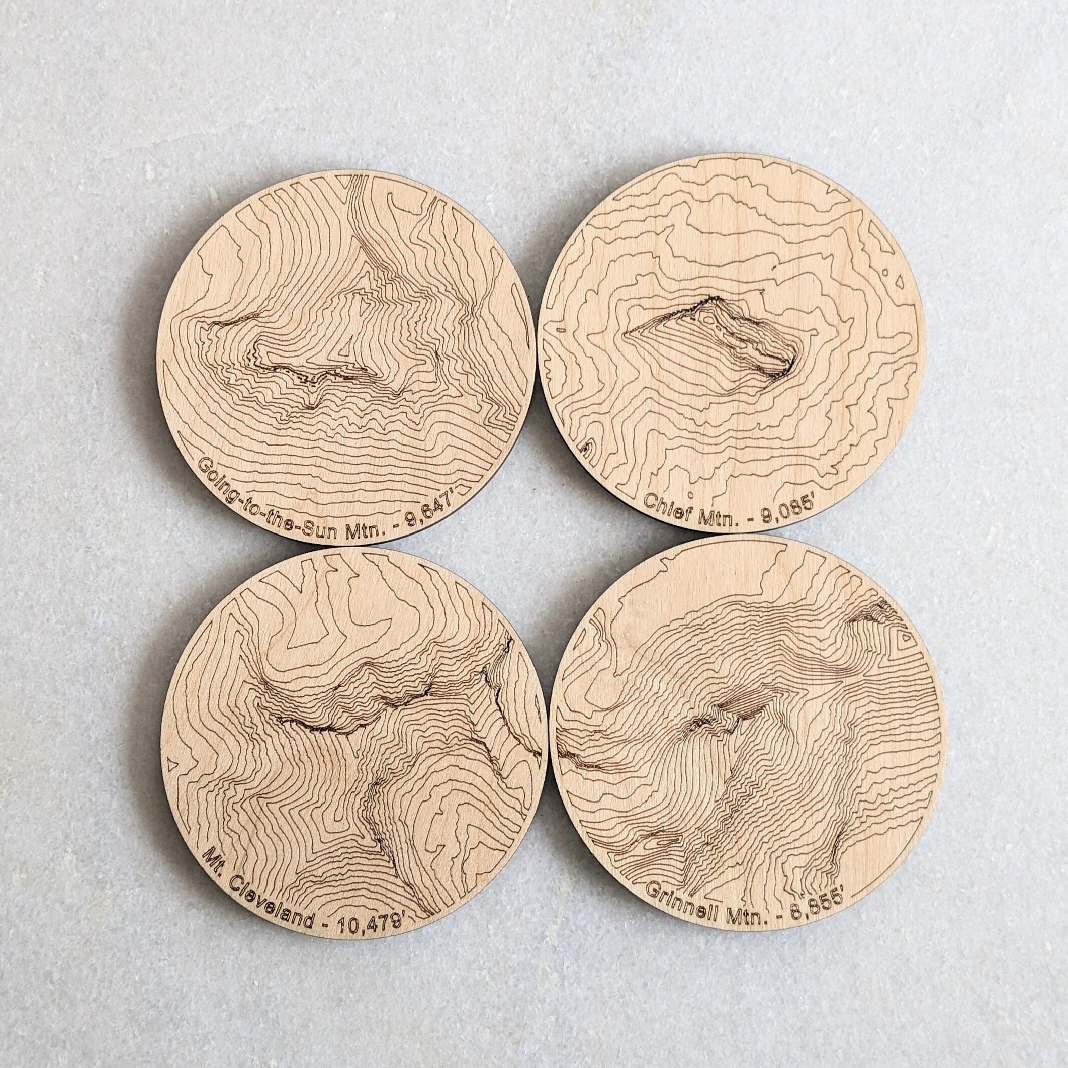 Glacier National Park - Montana Mountains - Wooden Coasters - Going to the Sun Road - Topography Coasters - Topo Map Coaster Set of 4