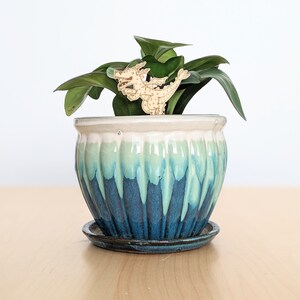 May include: A green plant with a gold dragon figurine in a blue and green glazed ceramic pot with a white rim. The pot has a wavy, textured design.