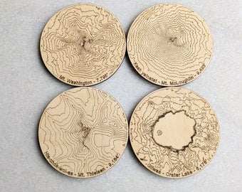 Oregon Mountain Wooden Coasters - Pacific Northwest Mountains - Topographic Coasters - Gift for Mountain Lover - Coaster Set of 4 - PNW