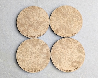 New Hampshire Mountains - Wooden Coasters -  New Hampshire Mount Washington Peak - Laser Cut Topography Coasters - Topo Map Coaster Set of