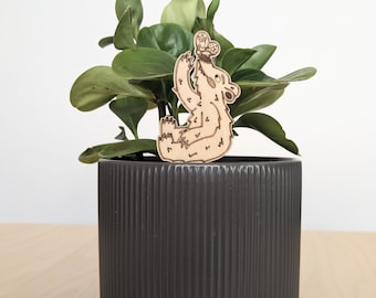 Birch Wood Plant Stake: Bear and Butterfly Design - Indoor Plant Accessory
