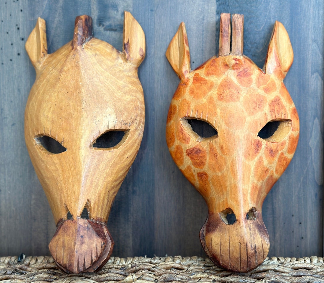 Vintage Pair of Handcarved Wooden Animal Masks Made in Kenya Zebra and