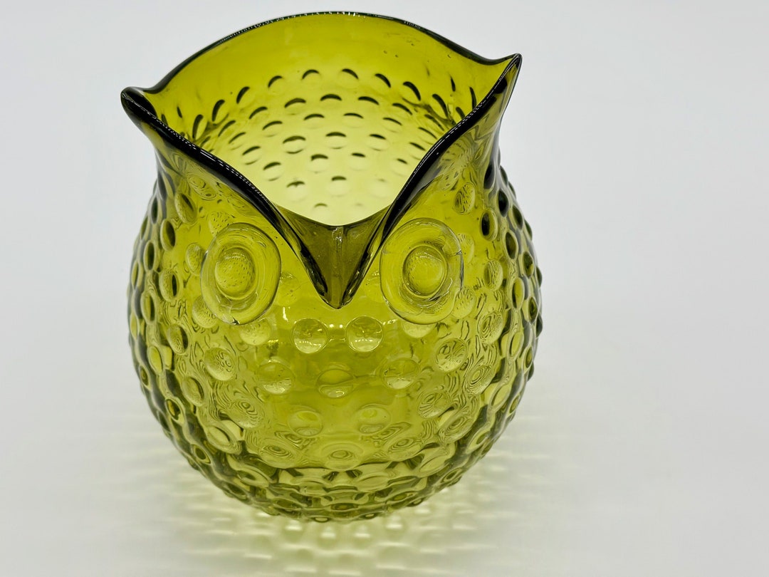 MCM Green Glass Owl Vase Handblown Blenko Hobnail Etsy